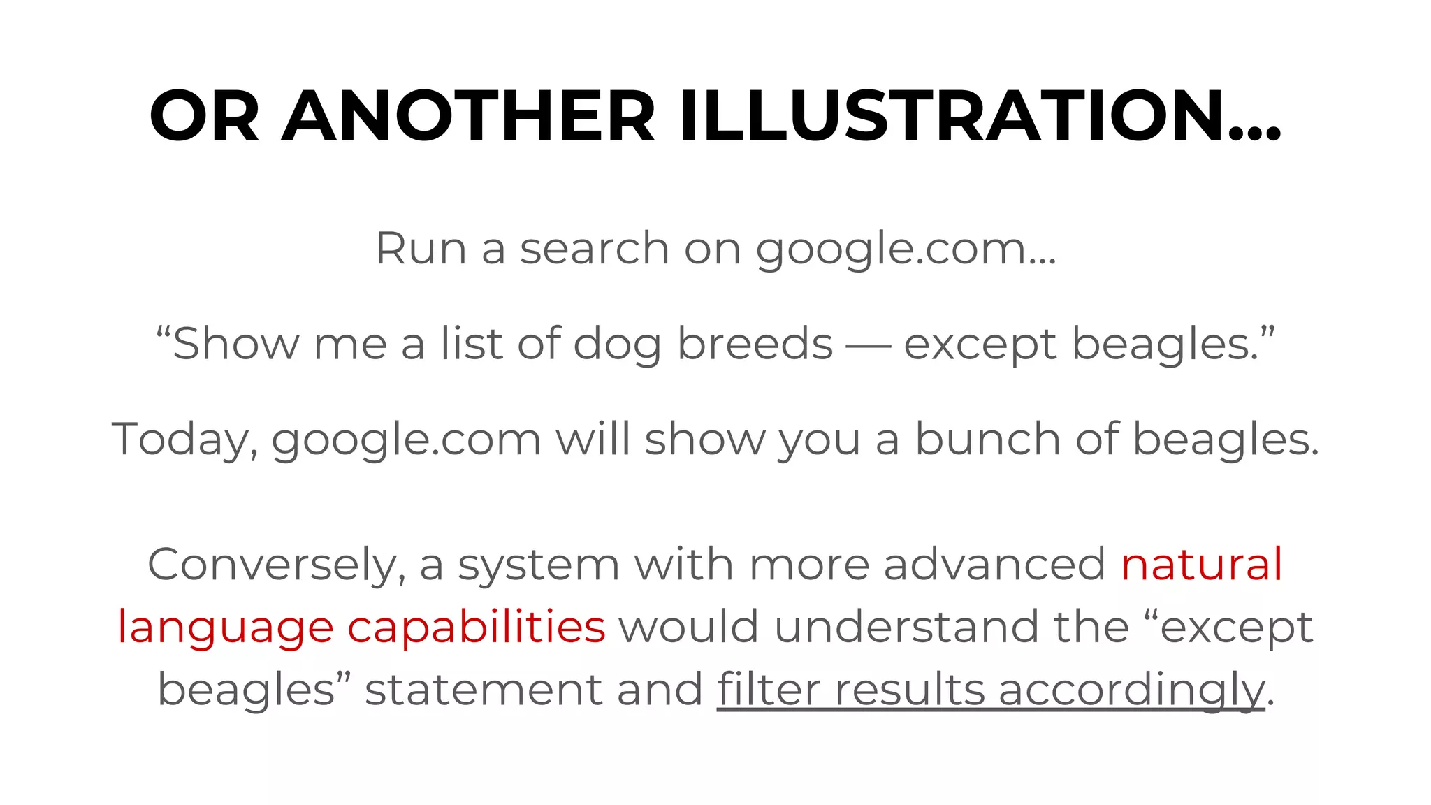 OR ANOTHER ILLUSTRATION...
Run a search on google.com…
“Show me a list of dog breeds — except beagles.”
Today, google.com will show you a bunch of beagles.
Conversely, a system with more advanced natural
language capabilities would understand the “except
beagles” statement and filter results accordingly.
 
