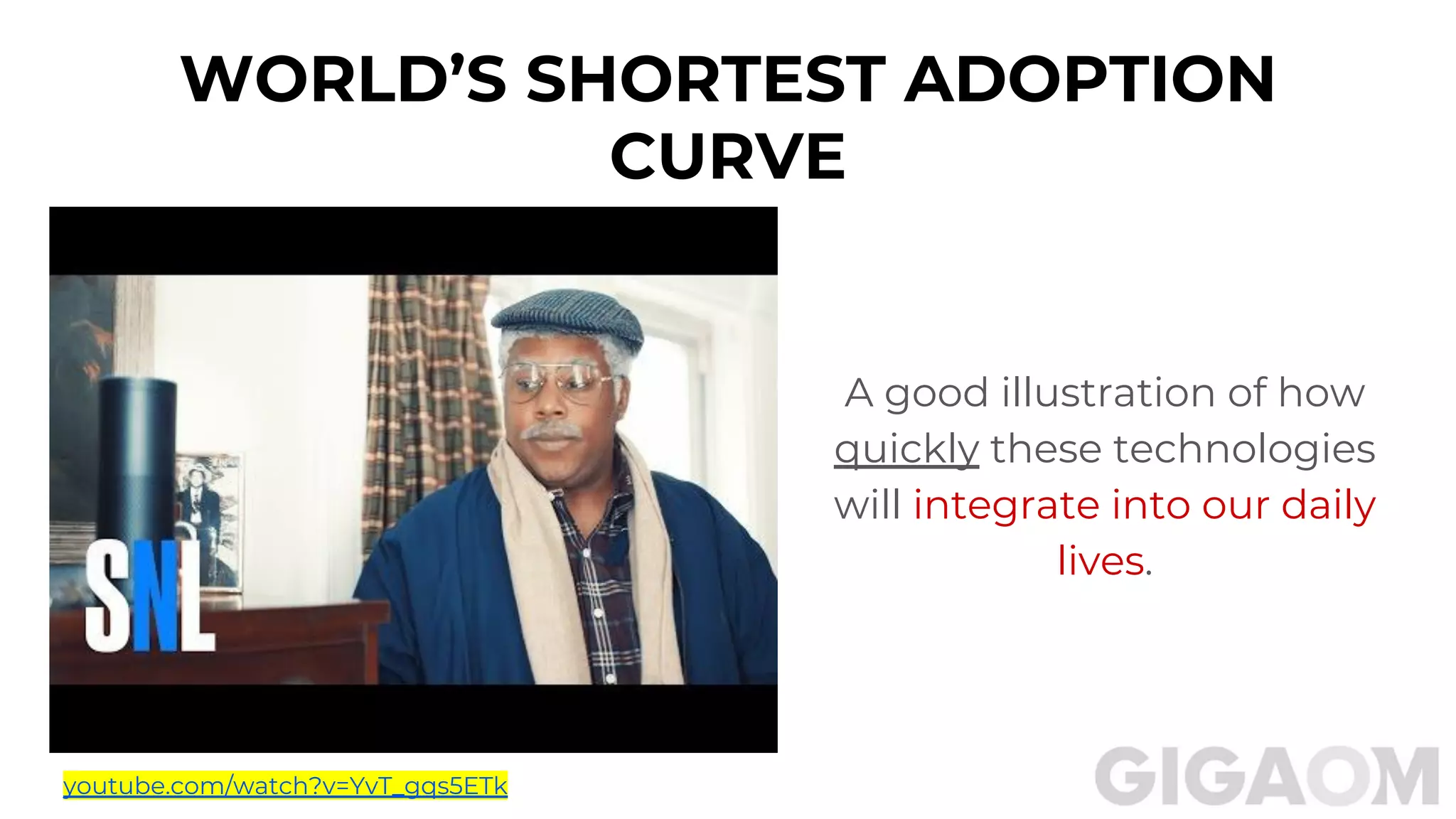 A good illustration of how
quickly these technologies
will integrate into our daily
lives.
WORLD’S SHORTEST ADOPTION
CURVE
youtube.com/watch?v=YvT_gqs5ETk
 