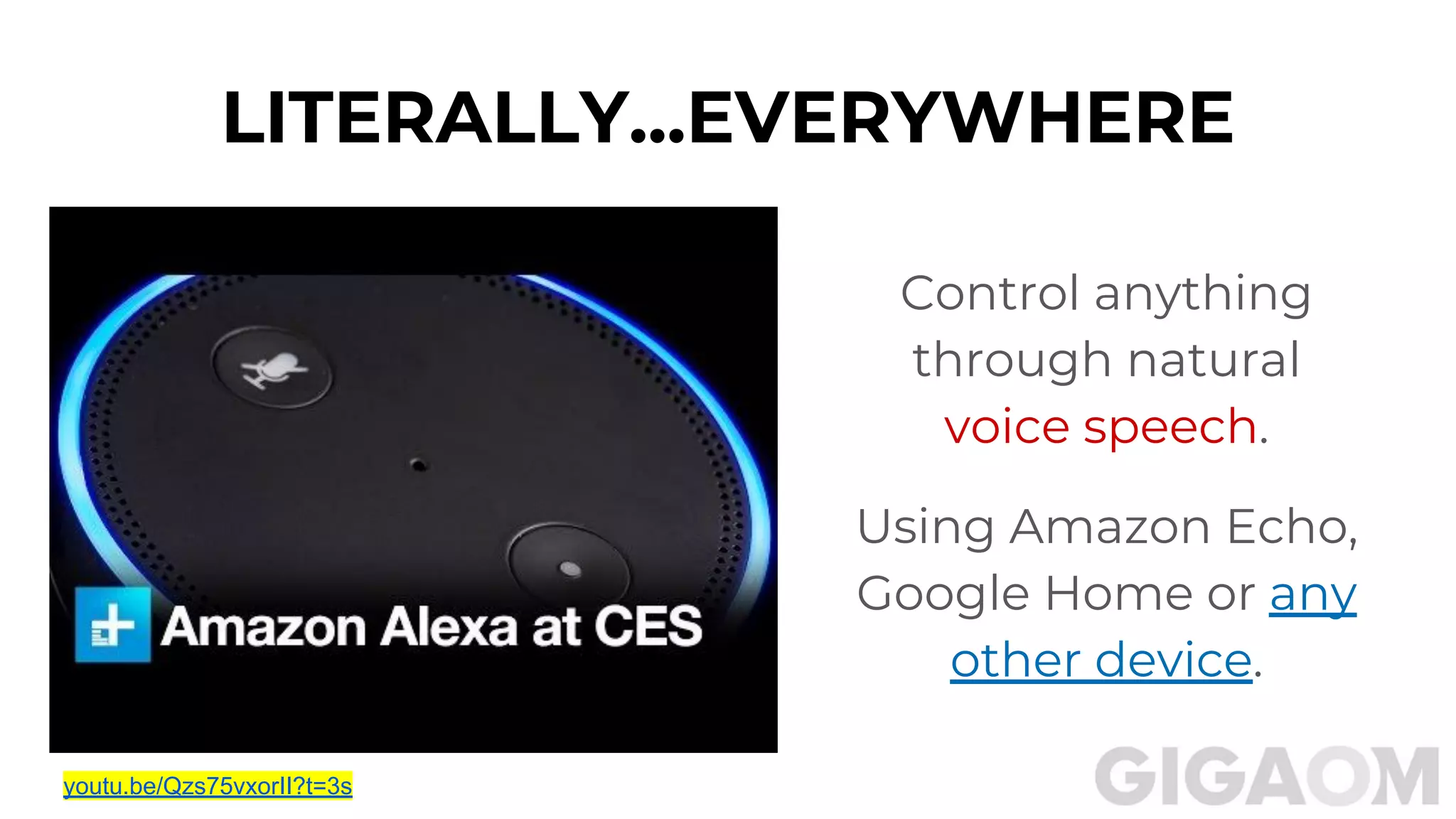 Control anything
through natural
voice speech.
Using Amazon Echo,
Google Home or any
other device.
LITERALLY...EVERYWHERE
youtu.be/Qzs75vxorII?t=3s
 