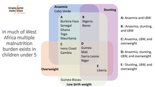 Low birth weight
Anaemia
Overweight
Stunting
B
Nigeria
Benin
C
Ivory Coast
Gambia
D
Guinea
Mali
Sierra Leone
Niger
E
Liberia
A
Burkina Faso
Senegal
Ghana
Togo
Mauritania
Guinea-Bissau
Cabo Verde
A: Anaemia and LBW
B : Anaemia, stunting,
and LBW
C: Anaemia, LBW, and
overweight
D: Anaemia, stunting,
LBW, and overweight
E : Stunting, LBW, and
overweight
In much of West
Africa multiple
malnutrition
burden exists in
children under 5
 