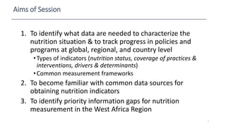 Aims of Session
1. To identify what data are needed to characterize the
nutrition situation & to track progress in policies and
programs at global, regional, and country level
•Types of indicators (nutrition status, coverage of practices &
interventions, drivers & determinants)
•Common measurement frameworks
2. To become familiar with common data sources for
obtaining nutrition indicators
3. To identify priority information gaps for nutrition
measurement in the West Africa Region
2
 