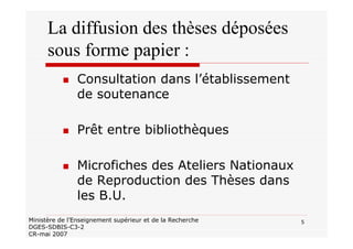 5Ministère de l’Enseignement supérieur et de la Recherche
DGES-SDBIS-C3-2
CR-mai 2007
La diffusion des thèses déposées
sous forme papier :
Consultation dans l’établissement
de soutenance
Prêt entre bibliothèques
Microfiches des Ateliers Nationaux
de Reproduction des Thèses dans
les B.U.
 