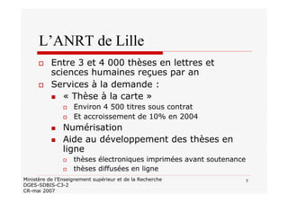 7Ministère de l’Enseignement supérieur et de la Recherche
DGES-SDBIS-C3-2
CR-mai 2007
L’ANRT de Lille
Entre 3 et 4 000 thèses en lettres et
sciences humaines reçues par an
Services à la demande :
« Thèse à la carte »
Environ 4 500 titres sous contrat
Et accroissement de 10% en 2004
Numérisation
Aide au développement des thèses en
ligne
thèses électroniques imprimées avant soutenance
thèses diffusées en ligne
 