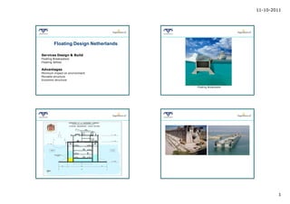 11-10-2011




         Floating Design Netherlands

Services Design & Build
Floating Breakwaters
Floating Jetties

Advantages
Minimum impact on environment
Movable structure
Economic structure

                                       Floating Breakwater




                                                                     1
 