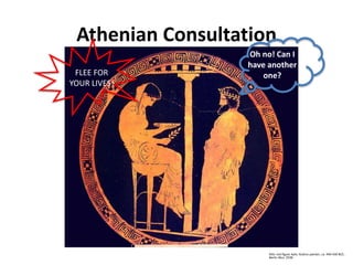 Athenian Consultation 
Oh no! Can I 
have another 
FLEE FOR one? 
YOUR LIVES! 
Attic red-figure kylix; Kodros painter; ca. 440-430 BCE; 
Berlin Mus. 2538 
 