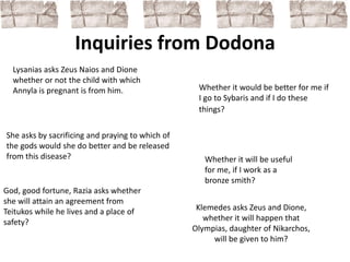Inquiries from Dodona 
Whether it would be better for me if 
I go to Sybaris and if I do these 
things? 
Lysanias asks Zeus Naios and Dione 
whether or not the child with which 
Annyla is pregnant is from him. 
She asks by sacrificing and praying to which of 
the gods would she do better and be released 
from this disease? 
God, good fortune, Razia asks whether 
she will attain an agreement from 
Teitukos while he lives and a place of 
safety? 
Whether it will be useful 
for me, if I work as a 
bronze smith? 
Klemedes asks Zeus and Dione, 
whether it will happen that 
Olympias, daughter of Nikarchos, 
will be given to him? 
 