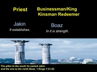 Two Pillars of the TemplePriest
Jakin
It establishes.
Businessman/King
Kinsman Redeemer
Boaz
In it is strength.
The pillar to the south he named Jakin
and the one to the north Boaz. 1 Kings 7:21-22
 