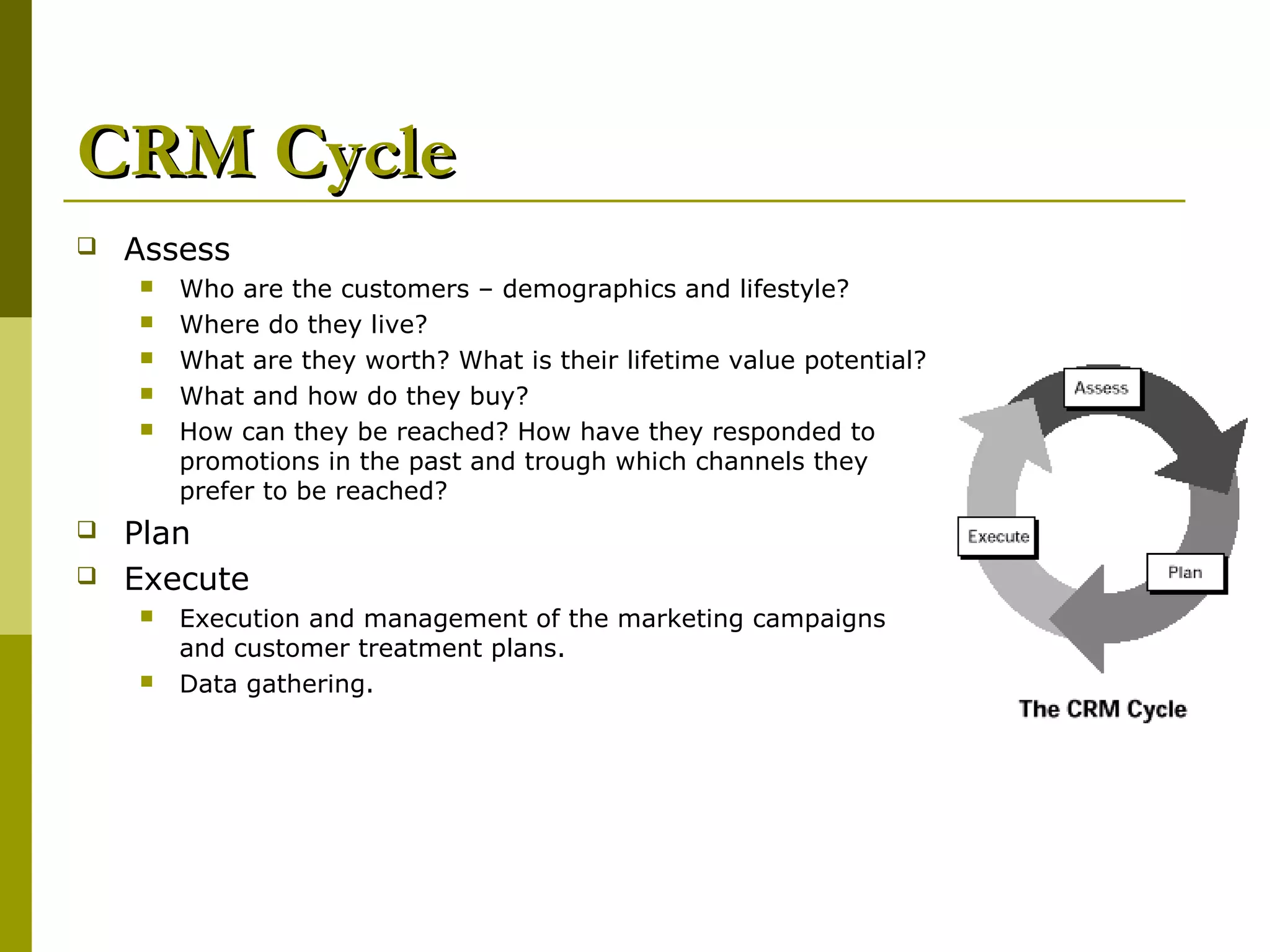 CRM Cycle
   Assess
       Who are the customers – demographics and lifestyle?
       Where do they live?
       What are they worth? What is their lifetime value potential?
       What and how do they buy?
       How can they be reached? How have they responded to
        promotions in the past and trough which channels they
        prefer to be reached?
   Plan
   Execute
       Execution and management of the marketing campaigns
        and customer treatment plans.
       Data gathering.
 