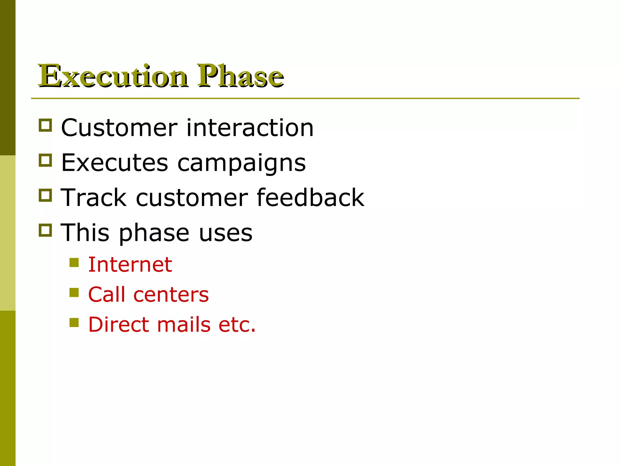 Execution Phase
 Customer interaction
 Executes campaigns
 Track customer feedback
 This phase uses
       Internet
       Call centers
       Direct mails etc.
 