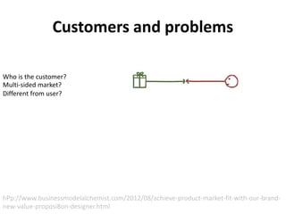 Customers and problems
Who is the customer?
Multi-sided market?
Different from user?
hPp://www.businessmodelalchemist.com/2012/08/achieve-product-market-fit-with-our-brand-
new-value-proposi8on-designer.html
 