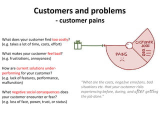 Customers and problems
- customer pains
What does your customer find too costly?
(e.g. takes a lot of time, costs, effort)
What makes your customer feel bad?
(e.g. frustrations, annoyances)
How are current solutions under-
performing for your customer?
(e.g. lack of features, performance,
malfunction)
What negative social consequences does
your customer encounter or fear?
(e.g. loss of face, power, trust, or status)
“What are the costs, nega2ve emo2ons, bad
situations etc. that your customer risks
experiencing before, during, and after getting
the job done.”
 