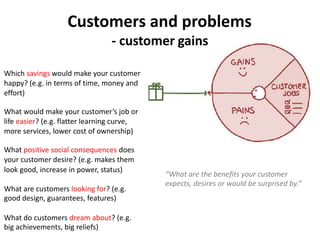 Customers and problems
- customer gains
Which savings would make your customer
happy? (e.g. in terms of time, money and
effort)
What would make your customer’s job or
life easier? (e.g. flatter learning curve,
more services, lower cost of ownership)
What positive social consequences does
your customer desire? (e.g. makes them
look good, increase in power, status)
What are customers looking for? (e.g.
good design, guarantees, features)
What do customers dream about? (e.g.
big achievements, big reliefs)
“What are the benefits your customer
expects, desires or would be surprised by.”
 