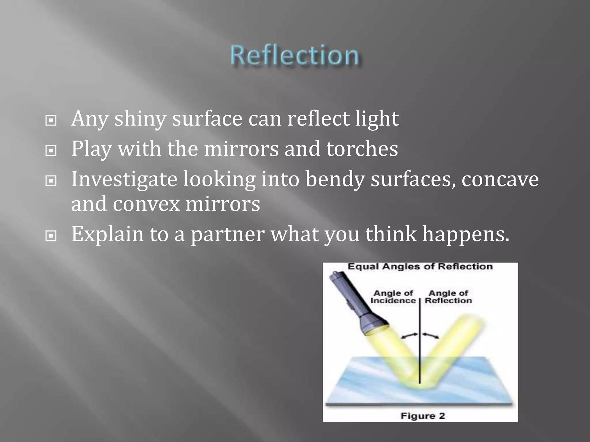 ReflectionAny shiny surface can reflect lightPlay with the mirrors and torchesInvestigate looking into bendy surfaces, concave and convex mirrorsExplain to a partner what you think happens.