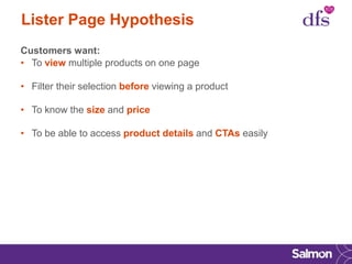 Lister Page Hypothesis
Customers want:
• To view multiple products on one page
• Filter their selection before viewing a product
• To know the size and price
• To be able to access product details and CTAs easily
 