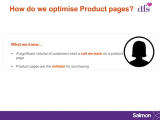 How do we optimise Product pages?
What we know…
• A significant volume of customers start a call me back on a product
page
• Product pages are the initiator for purchasing
 