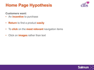 Home Page Hypothesis
Customers want:
• An incentive to purchase
• Return to find a product easily
• To click on the most relevant navigation items
• Click on images rather than text
 