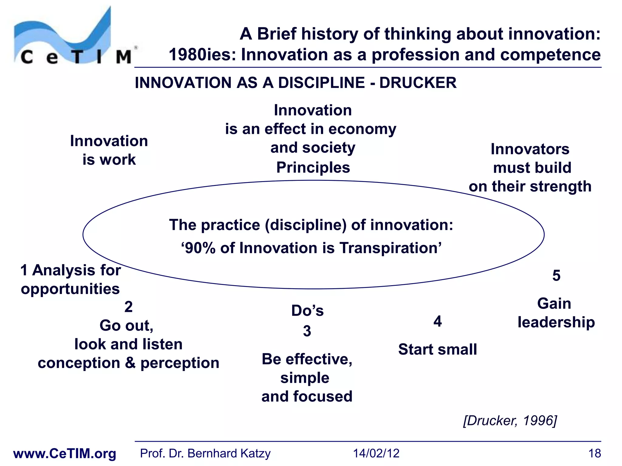 A Brief history of thinking about innovation:
                      1980ies: Innovation as a profession and competence
                 INNOVATION AS A DISCIPLINE - DRUCKER
                                       Innovation
                                is an effect in economy
       Innovation                      and society                    Innovators
         is work
                                        Principles                     must build
                                                                   on their strength

                      The practice (discipline) of innovation:
                       „90% of Innovation is Transpiration‟
1 Analysis for                                                                   5
opportunities
              2                             Do‟s                              Gain
           Go out,                                            4            leadership
                                             3
       look and listen                                    Start small
   conception & perception             Be effective,
                                         simple
                                       and focused
                                                                   [Drucker, 1996]

www.CeTIM.org    Prof. Dr. Bernhard Katzy          14/02/12                          18
 