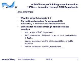 A Brief history of thinking about innovation:
                            1950ies – Innovation through R&D Departments

                SCHUMPETER 2

                • Why this called Schumpeter 2 ?
                • The traditional paradigm for managing R&D
                   Bureaucracy in innovation departments dominant
                • Elements for innovation through R&D laboratories
                   paradigm
                    •    Main actors of R&D department
                    •    R&D laboratories : Philips since about 1914, the Bell Labs
                         in 1925…
                    •    Capital resources: funding from organization, or public
                         subsidies
                    •    Human resources: scientist, researchers……




www.CeTIM.org   Prof. Dr. Bernhard Katzy         14/02/12                             11
 