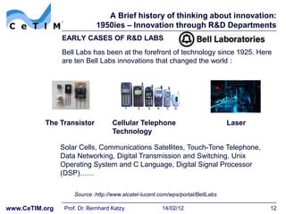 A Brief history of thinking about innovation:
                             1950ies – Innovation through R&D Departments
                EARLY CASES OF R&D LABS
                Bell Labs has been at the forefront of technology since 1925. Here
                are ten Bell Labs innovations that changed the world :




          The Transistor            Cellular Telephone                          Laser
                                    Technology

                Solar Cells, Communications Satellites, Touch-Tone Telephone,
                Data Networking, Digital Transmission and Switching, Unix
                Operating System and C Language, Digital Signal Processor
                (DSP)……

                    Source :http://www.alcatel-lucent.com/wps/portal/BellLabs

www.CeTIM.org    Prof. Dr. Bernhard Katzy              14/02/12                         12
 