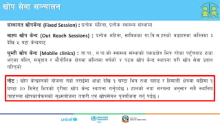 vf]k ;]jf ;~rfng
;+:yfut vf]ks]Gb| (Fixed Session) : k|To]s dlxgf, k|To]s :jf:Yo ;+:yfdf
afXo vf]k s]Gb| (Out Reach Sessions) : k|To]s dlxgf, ;fljssf uf=lj=;=x?sf] j8fx?df slDtdf #
b]lv % j6f s]Gb|af6
3'DtL vf]k s]Gb| (Mobile clinics) : uf=kf=, g=kf=sf] :jf:Yo ;+:yfsf] ks8If]q leq /x]sf kx'Fraf6 6f9f
ePsf jl:t, ;d'bfo / ef}uf]lns If]qdf slDtdf jif{sf] $ k6s vf]k s]Gb| :yfkgf u/L vf]k ;]jf k|bfg
ul/Psf]
Gff]6 M vf]k s]Gb|x?sf] of]hgf ubf{ t/fO{df cfwf b]lv ! 306f leq tyf kxf8 / lxdfnL If]qdf a9Ldf !
306f #) ldg]6 leqsf] b'/Ldf vf]k s]Gb| :yfkgf ug'{kb{5 . xfnsf] gof+ ;+/rgf cg';f/ ;j} :yflgo
txx?df vf]ksfo{qmdsf] ;'Idof]hgf tof/L Pj+ vf]k;];g k'gof]{hgf ug'{ kb{5 .
 