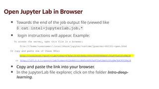 ● Towards the end of the job output file (viewed like
this)
$ cat intel-jupyterlab.job.*
● login instructions will appear. Example:
To access the server, open this file in a browser:
file:///home/<username>/.local/share/jupyter/runtime/jpserver-462321-open.html
Or copy and paste one of these URLs:
http://localhost:<port>/lab?token=67b0e1263053b6bc449c59999984bbfc30a97fa61fcd9e18
or http://127.0.0.1:<port>/lab?token=612b6b0iiic840c449c5a97fa61bbfc3fcd9e7b630530e18
● Copy and paste the link into your browser.
● In the JupyterLab file explorer, click on the folder Intro-deep-
learning.
Open Jupyter Lab in Browser
 