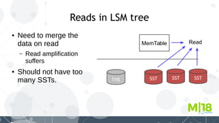 13
Reads in LSM tree
● Need to merge the
data on read
– Read amplification
suffers
● Should not have too
many SSTs.
MemTable Read
Log SST
MemTable
SST ...SST
 