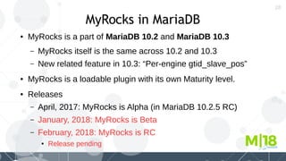 28
MyRocks in MariaDB
● MyRocks is a part of MariaDB 10.2 and MariaDB 10.3
– MyRocks itself is the same across 10.2 and 10.3
– New related feature in 10.3: “Per-engine gtid_slave_pos”
● MyRocks is a loadable plugin with its own Maturity level.
● Releases
– April, 2017: MyRocks is Alpha (in MariaDB 10.2.5 RC)
– January, 2018: MyRocks is Beta
– February, 2018: MyRocks is RC
● Release pending
 