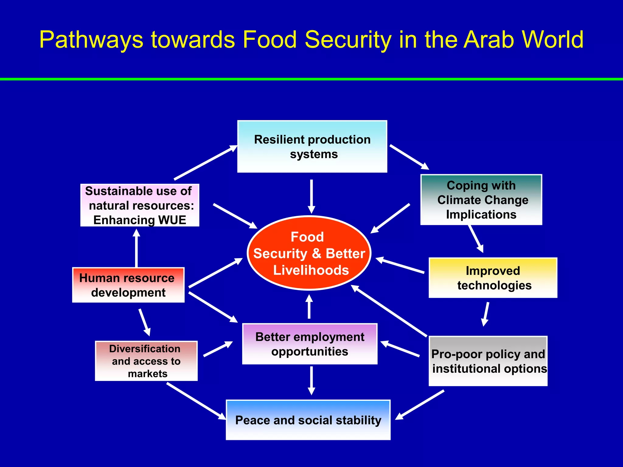Pathways towards Food Security in the Arab World


                            Resilient production
                                   systems


    Sustainable use of                                  Coping with
    natural resources:                                 Climate Change
     Enhancing WUE                                      Implications
                                 Food
                            Security & Better
                              Livelihoods                   Improved
   Human resource
                                                          technologies
    development


                            Better employment
       Diversification        opportunities           Pro-poor policy and
       and access to
          markets                                     institutional options



                         Peace and social stability
 