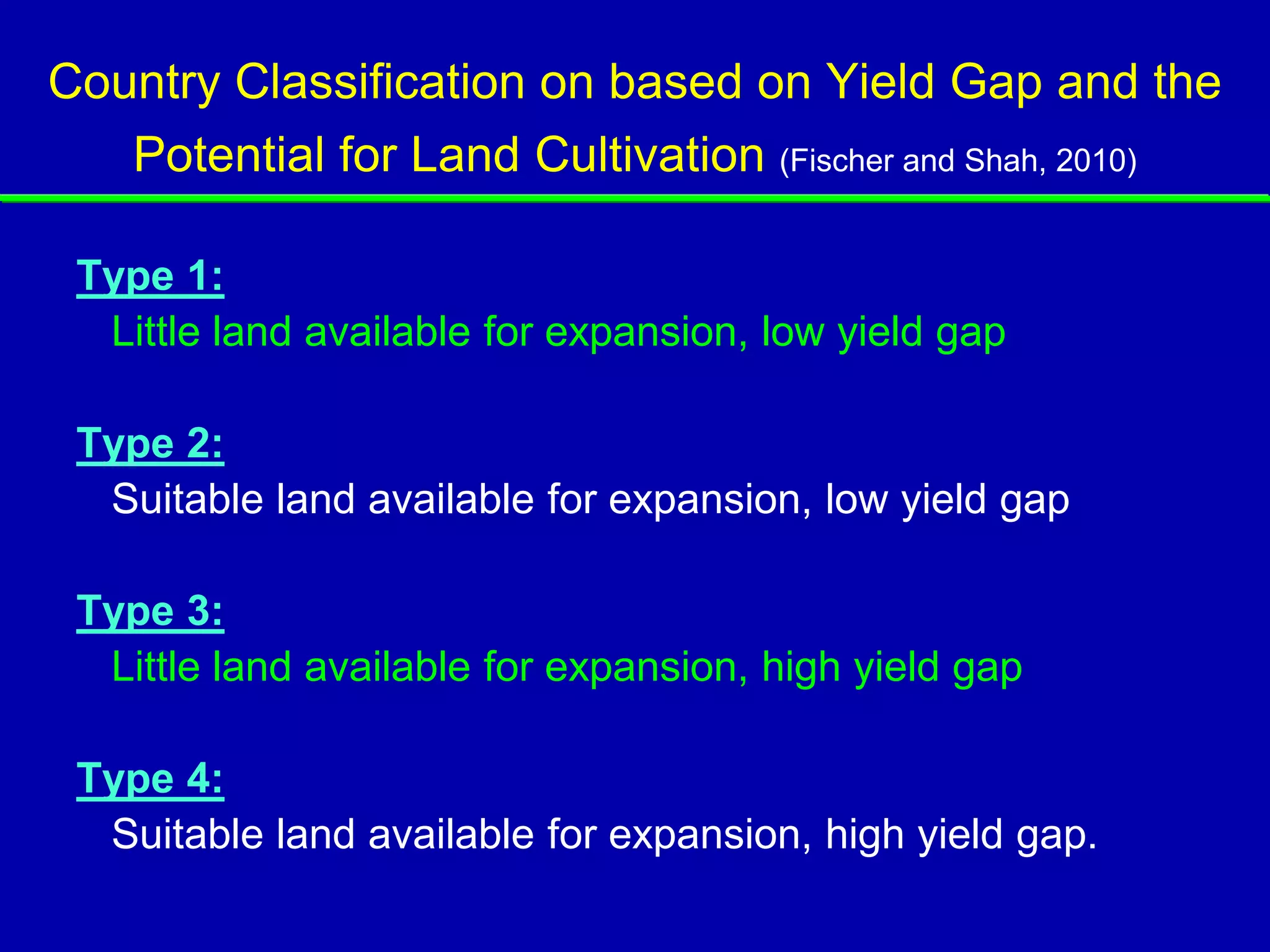 Country Classification on based on Yield Gap and the
   Potential for Land Cultivation (Fischer and Shah, 2010)

 Type 1:
  Little land available for expansion, low yield gap

 Type 2:
  Suitable land available for expansion, low yield gap

 Type 3:
  Little land available for expansion, high yield gap

 Type 4:
  Suitable land available for expansion, high yield gap.
 