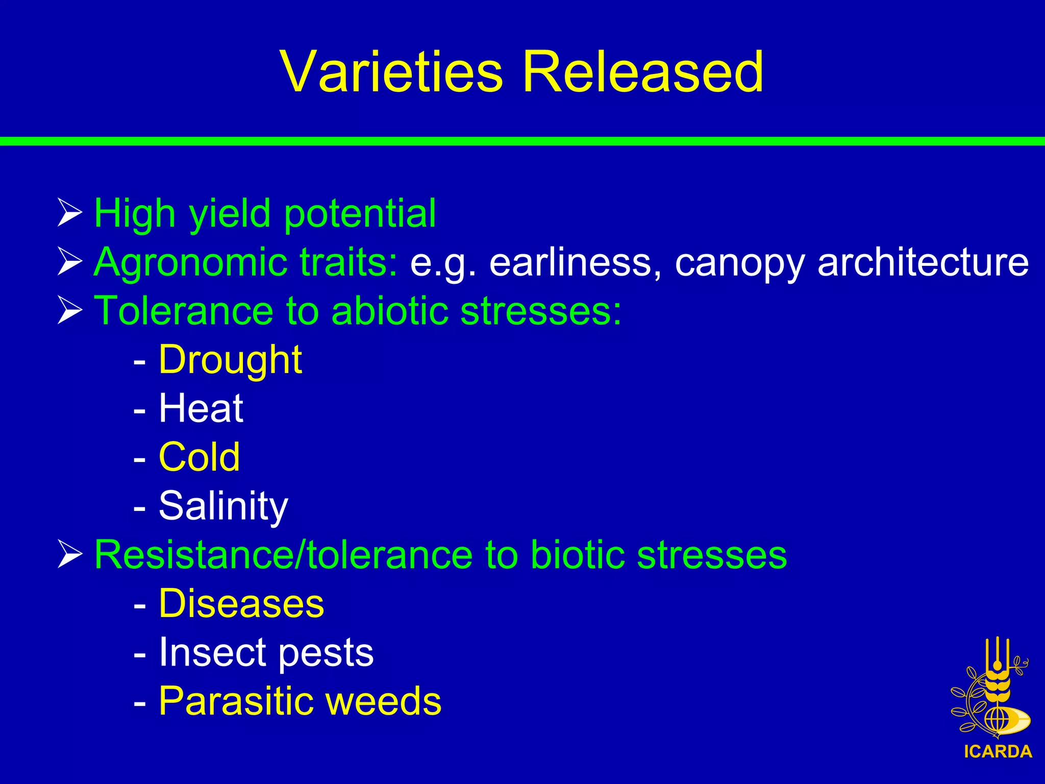Varieties Released

 High yield potential
 Agronomic traits: e.g. earliness, canopy architecture
 Tolerance to abiotic stresses:
    - Drought
    - Heat
    - Cold
    - Salinity
 Resistance/tolerance to biotic stresses
    - Diseases
    - Insect pests
    - Parasitic weeds
 
