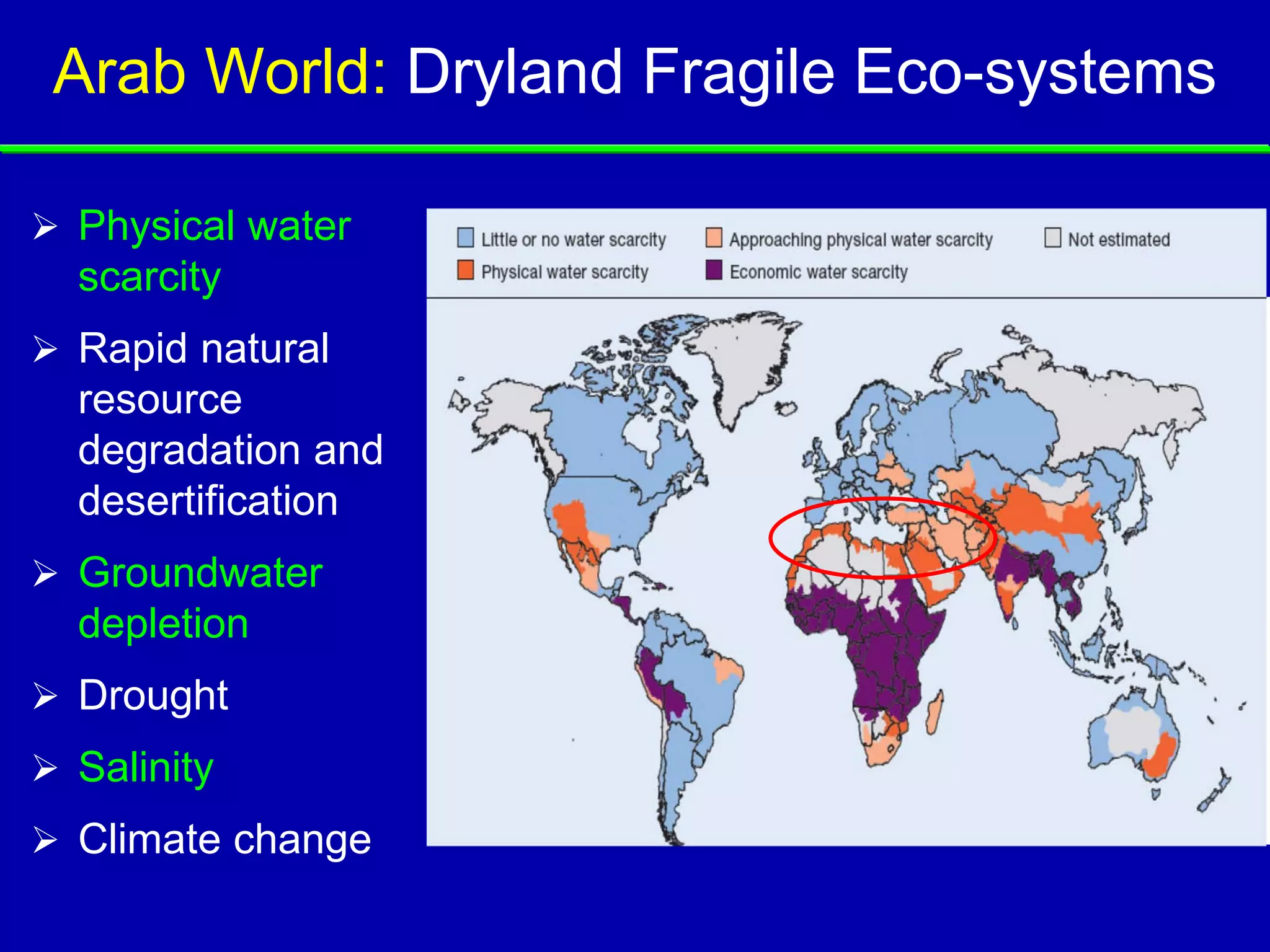 Arab World: Dryland Fragile Eco-systems

 Physical water
  scarcity                m
                    -10
                                                           Decrease of the Souss
 Rapid natural     -20                                   aquifer level in Morocco
  resource          -30

  degradation and   -40
  desertification   -50


 Groundwater       -60

  depletion         -70

                    -80
 Drought             1982    1985   1988   1991   1994     1997   2000   2003   2006


 Salinity
 Climate change
 