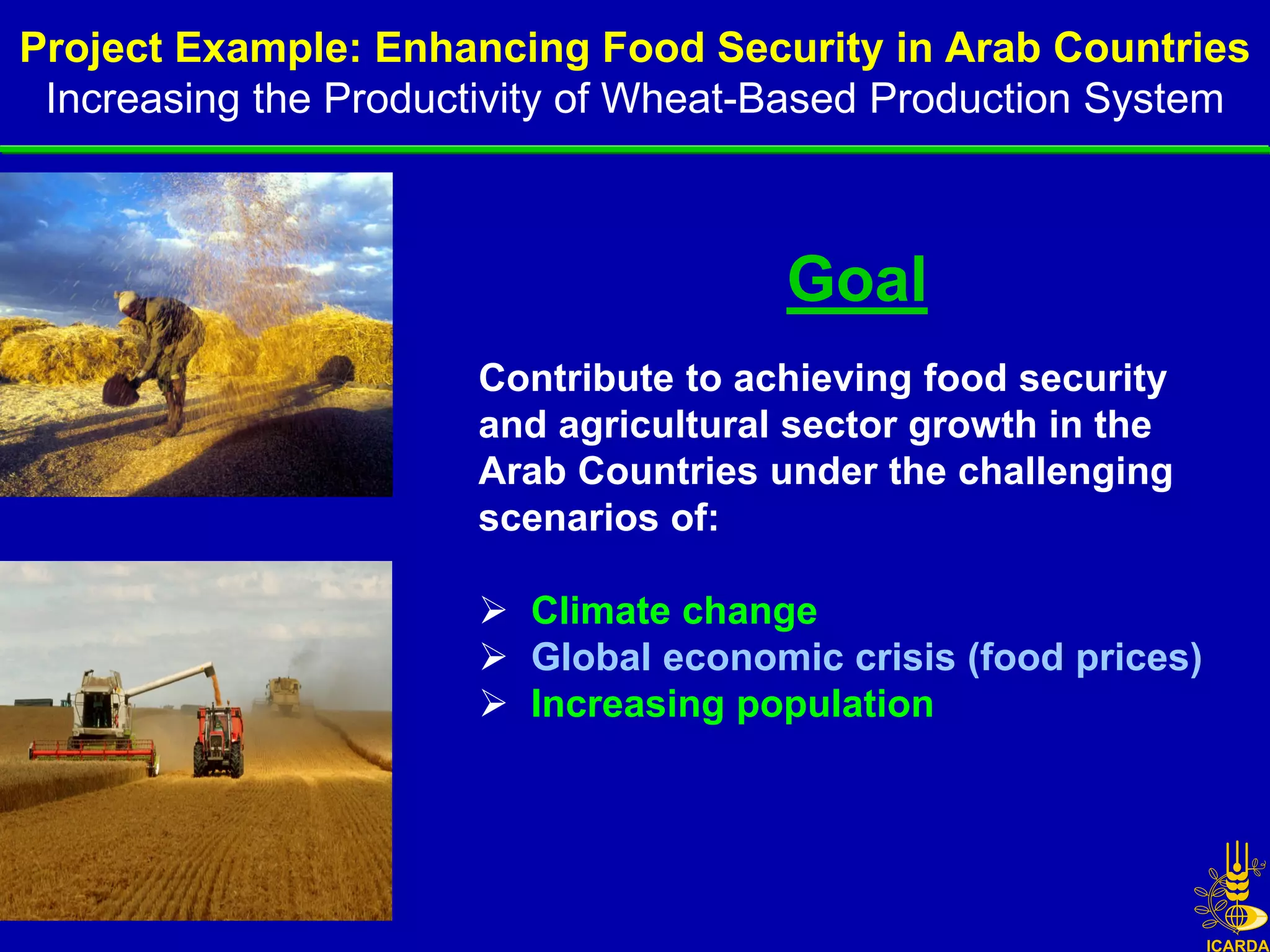 Project Example: Enhancing Food Security in Arab Countries
 Increasing the Productivity of Wheat-Based Production System



                                      Goal
                      Contribute to achieving food security
                      and agricultural sector growth in the
                      Arab Countries under the challenging
                      scenarios of:

                       Climate change
                       Global economic crisis (food prices)
                       Increasing population
 