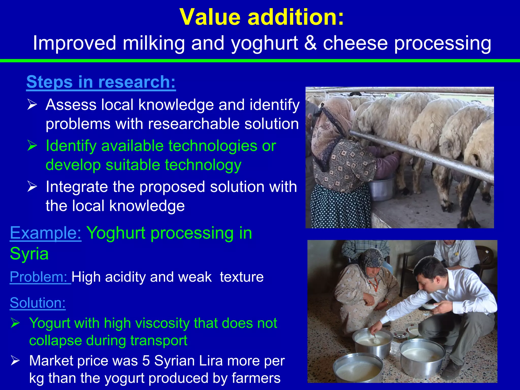 Value addition:
   Improved milking and yoghurt & cheese processing
  Steps in research:
   Assess local knowledge and identify
    problems with researchable solution
   Identify available technologies or
    develop suitable technology
   Integrate the proposed solution with
    the local knowledge
Example: Yoghurt processing in
Syria
Problem: High acidity and weak texture
Solution:
 Yogurt with high viscosity that does not
   collapse during transport
 Market price was 5 Syrian Lira more per
   kg than the yogurt produced by farmers
 