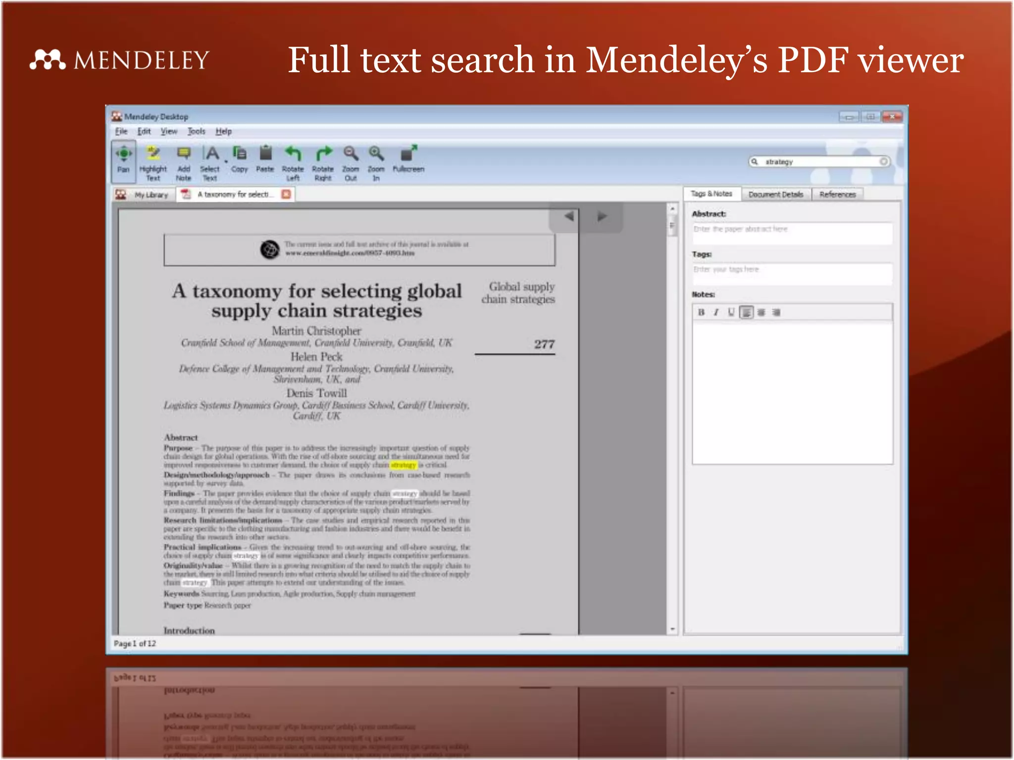 Full text search in Mendeley’s PDF viewer
 