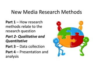 New Media Research Methods
Part 1 – How research
methods relate to the
research question
Part 2- Qualitative and
Quantitative
Part 3 – Data collection
Part 4 – Presentation and
analysis
 