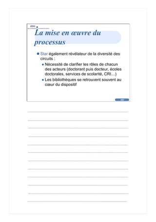 2007
abes
agence bibliographique de l’enseignement supérieur
Cliquez pour éditer le format du
texte-titre
Cliquez pour éditer le format du plan de
texte
Second niveau de plan
Troisième niveau de plan
– Quatrième niveau de plan
» Cinquième niveau de plan
» Sixième niveau de plan
» Septième niveau de plan
» Huitième niveau de plan
» Neuvième niveau de plan
2007
abes
agence bibliographique de l’enseignement supérieur
La mise en œuvre du
processus
Star également révélateur de la diversité des
circuits :
Nécessité de clarifier les rôles de chacun
des acteurs (doctorant puis docteur, écoles
doctorales, services de scolarité, CRI…)
Les bibliothèques se retrouvent souvent au
cœur du dispositif
 