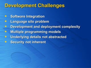 Development Challenges Software Integration Language silo problem  Development and deployment complexity Multiple programming models Underlying details not abstracted Security not inherent 