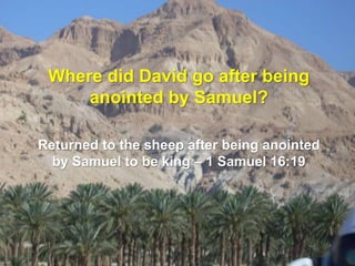 Where did David go after being
anointed by Samuel?
Returned to the sheep after being anointed
by Samuel to be king – 1 Samuel 16:19
 