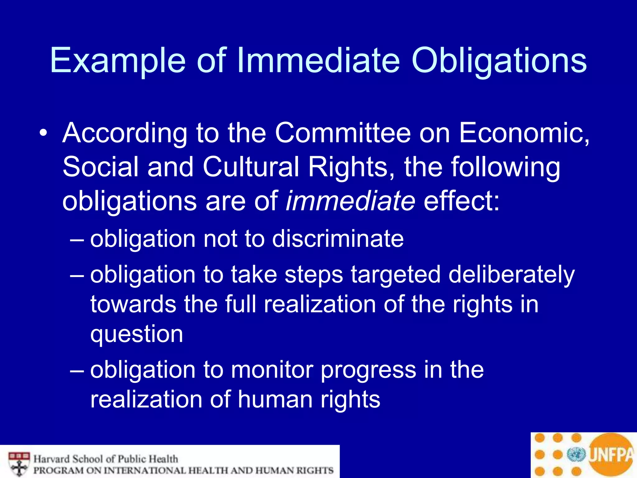 Example of Immediate Obligations
• According to the Committee on Economic,
Social and Cultural Rights, the following
obligations are of immediate effect:
– obligation not to discriminate
– obligation to take steps targeted deliberately
towards the full realization of the rights in
question
– obligation to monitor progress in the
realization of human rights
 