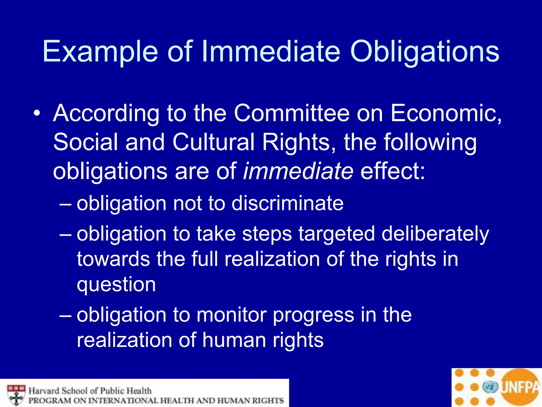 Example of Immediate Obligations
• According to the Committee on Economic,
Social and Cultural Rights, the following
obligations are of immediate effect:
– obligation not to discriminate
– obligation to take steps targeted deliberately
towards the full realization of the rights in
question
– obligation to monitor progress in the
realization of human rights
 