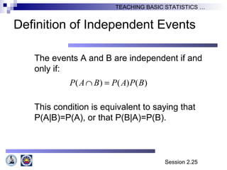 Session 2.25
TEACHING BASIC STATISTICS …
Definition of Independent Events
The events A and B are independent if and
only if:
This condition is equivalent to saying that
P(A|B)=P(A), or that P(B|A)=P(B).
( ) ( ) ( )P A B P A P B∩ =
 