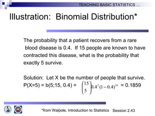 Session 2.43
TEACHING BASIC STATISTICS …
Illustration: Binomial Distribution*
The probability that a patient recovers from a rare
blood disease is 0.4. If 15 people are known to have
contracted this disease, what is the probability that
exactly 5 survive.
Solution: Let X be the number of people that survive.
P(X=5) = b(5;15, 0.4) = = 0.1859
*from Walpole, Introduction to Statistics
105
)4.01(4.0
5
15
−





 