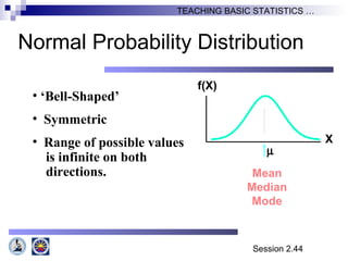 Session 2.44
TEACHING BASIC STATISTICS …
• ‘Bell-Shaped’
• Symmetric
• Range of possible values
is infinite on both
directions. Mean
Median
Mode
X
f(X)
µ
Normal Probability Distribution
 