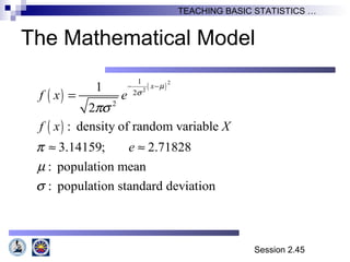 Session 2.45
TEACHING BASIC STATISTICS …
The Mathematical Model
( )
( )
( )
21
2
2
1
2
: density of random variable
3.14159; 2.71828
: population mean
: population standard deviation
x
f x e
f x X
e
µ
σ
πσ
π
µ
σ
2
− −
=
≈ ≈
 
