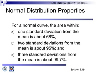 Session 2.49
TEACHING BASIC STATISTICS …
Normal Distribution Properties
For a normal curve, the area within:
a) one standard deviation from the
mean is about 68%,
b) two standard deviations from the
mean is about 95%; and
c) three standard deviations from
the mean is about 99.7%.
 