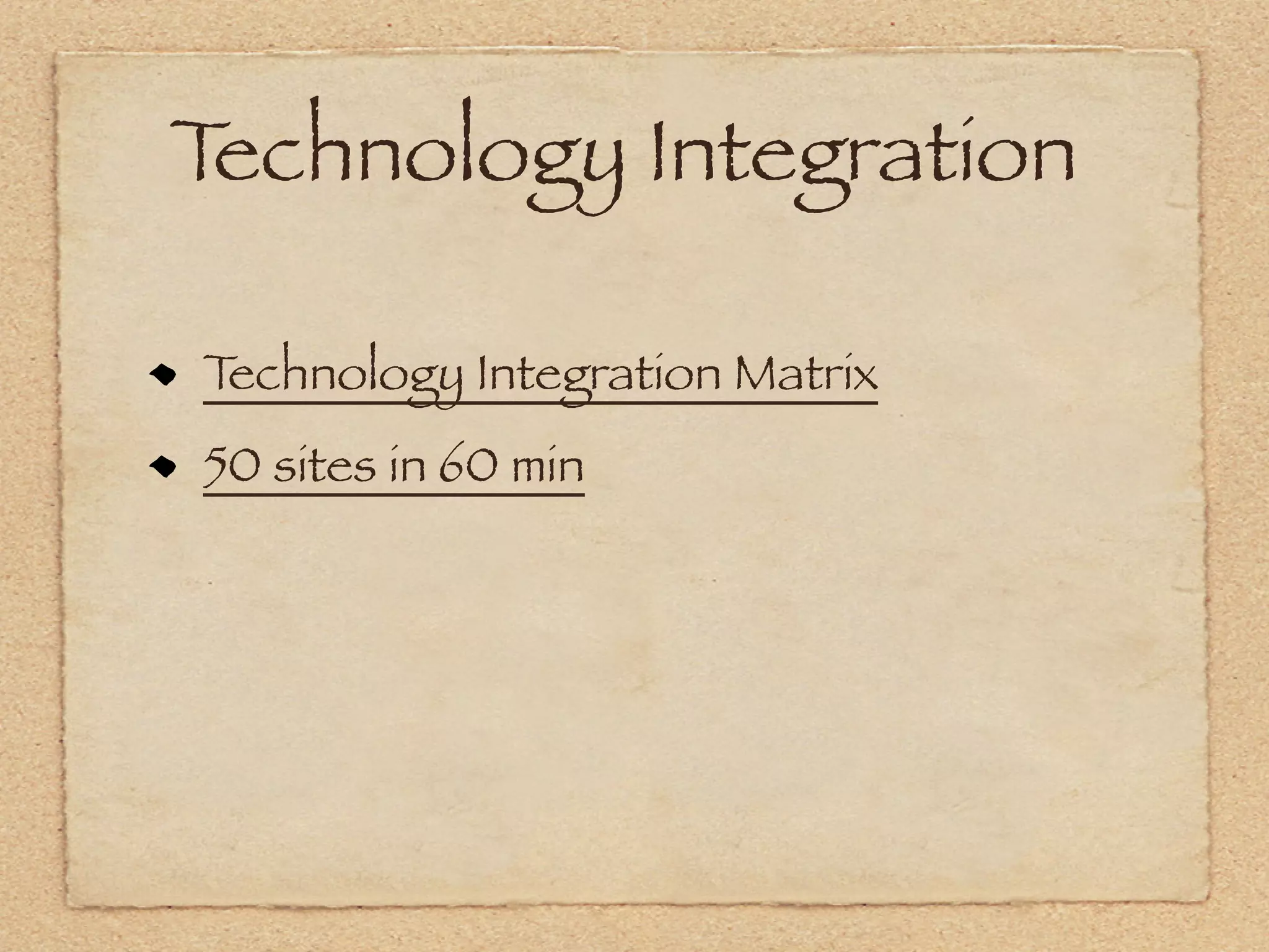 Technology Integration

Technology Integration Matrix
50 sites in 60 min
 