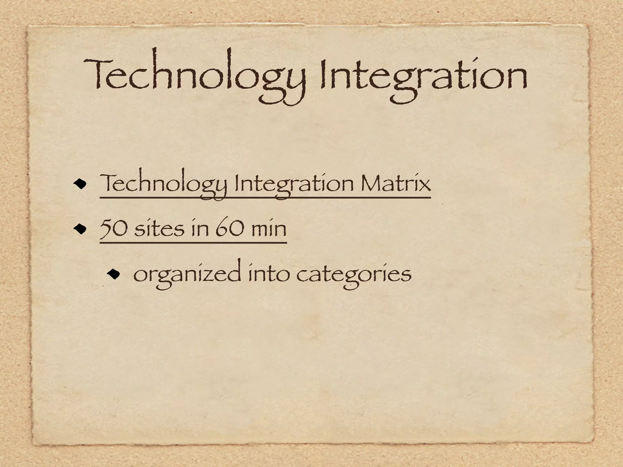 Technology Integration

Technology Integration Matrix
50 sites in 60 min
   organized into categories
 