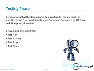 Page 11Classification: Restricted
Testing Phase
Demonstrates that the developed system confirm to requirements as
specified in the Functional Specification Document. Conducted by QA team
and BA support, if needed.
Deliverables of Testing Phase:
• Test Plan
• Test Strategy
• Test Scripts
• Test Cases
 