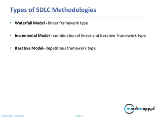 Page 19Classification: Restricted
Types of SDLC Methodologies
• Waterfall Model - linear framework type
• Incremental Model - combination of linear and iterative framework type
• Iterative Model- Repetitious framework type
 