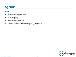 Page 2Classification: Restricted
Agenda
SDLC
• Waterfall-Sequential
• Prototyping
• Spiral-Evolutionary
• Rational Unified Process (RUP)-Iterative
 
